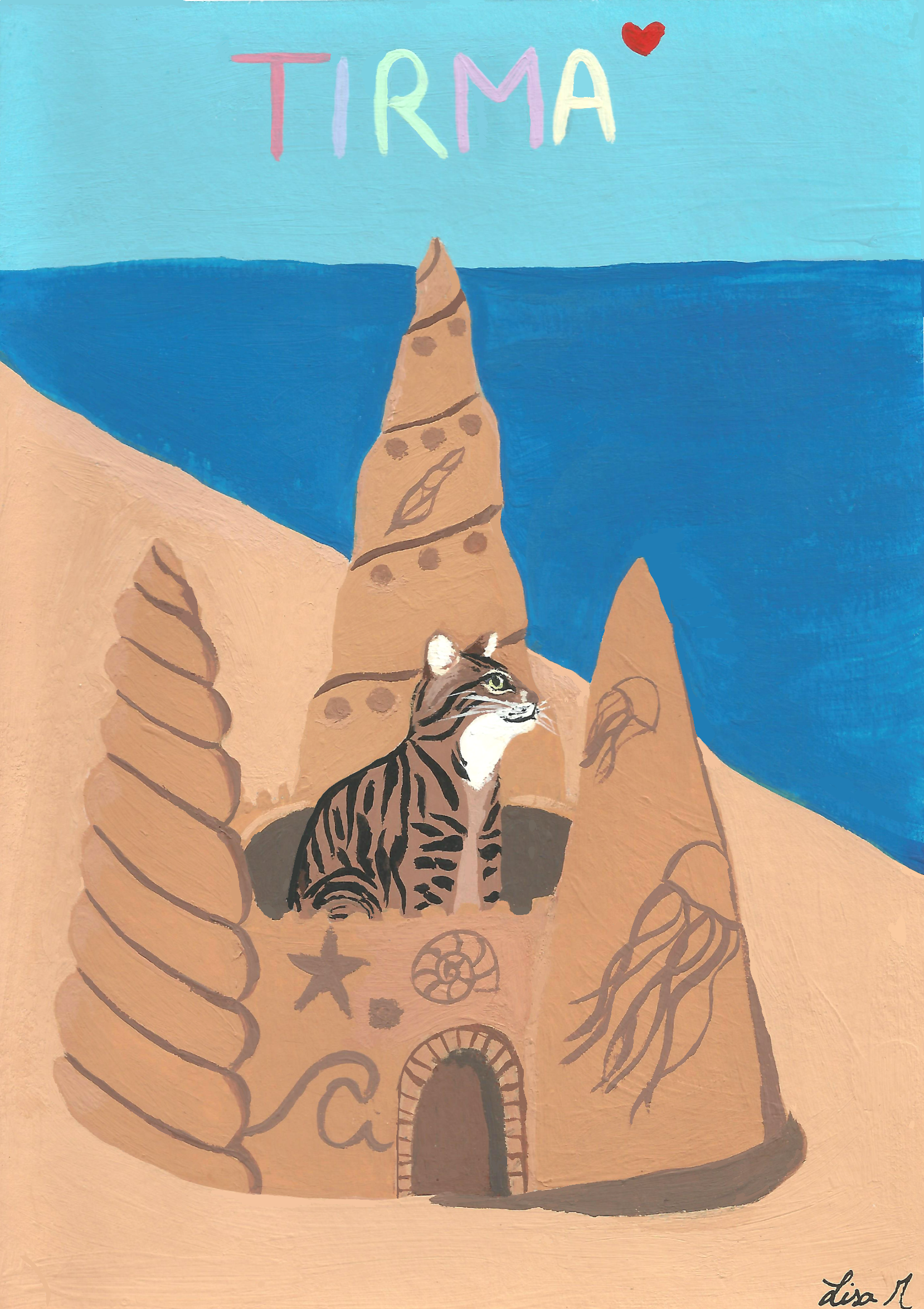 Peinture chat sur la plage